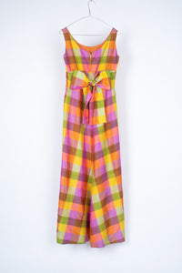 Vintage Back Bow Plaid Silk Maxi Dress, Size XS