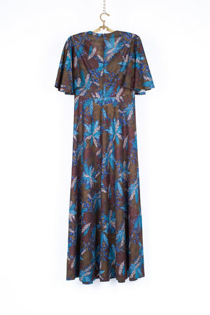 Vintage 70's Leaf Pattern Flutter Sleeve Maxi Dress, Size XS