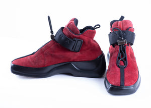 Vintage Prada Women's Red Suede Angled Square Toe Platform Sneakers, US 7/EU 37 / UK 4