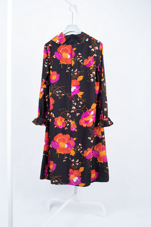 Vintage 70's Scandinavian Knee Length Black Floral Dress, Size L
