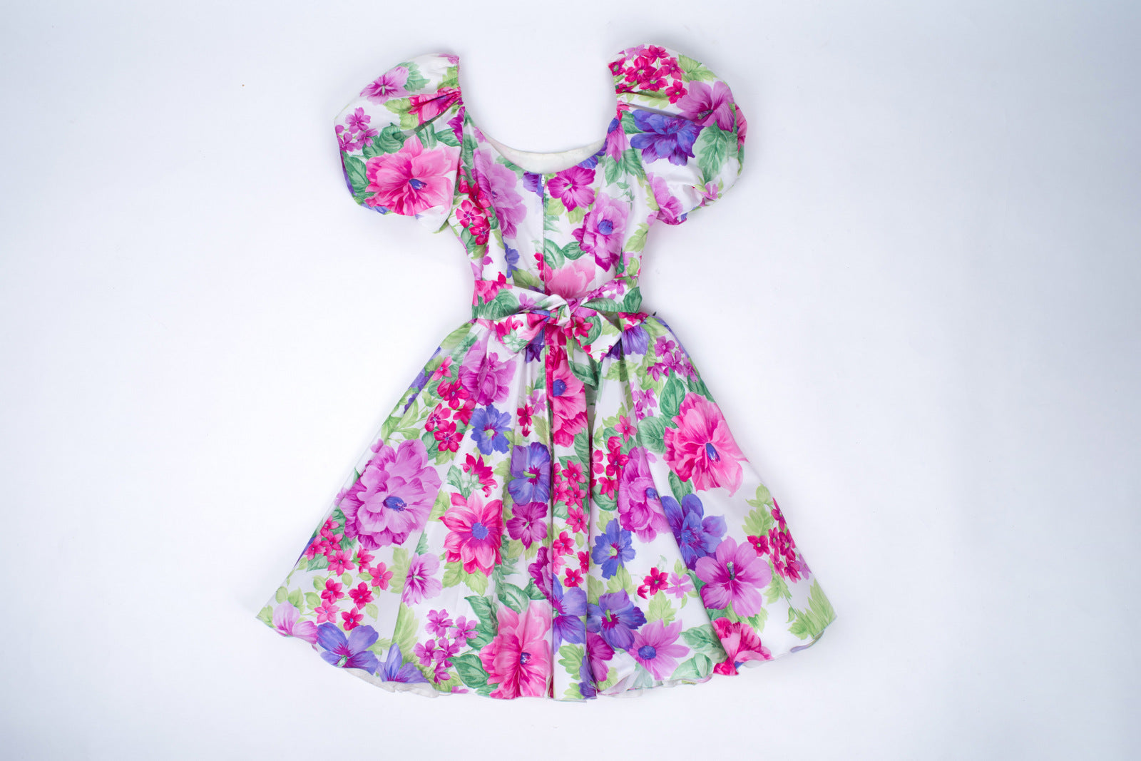Vintage Fancy Floral Puff Sleeve Swing Dress, Size L