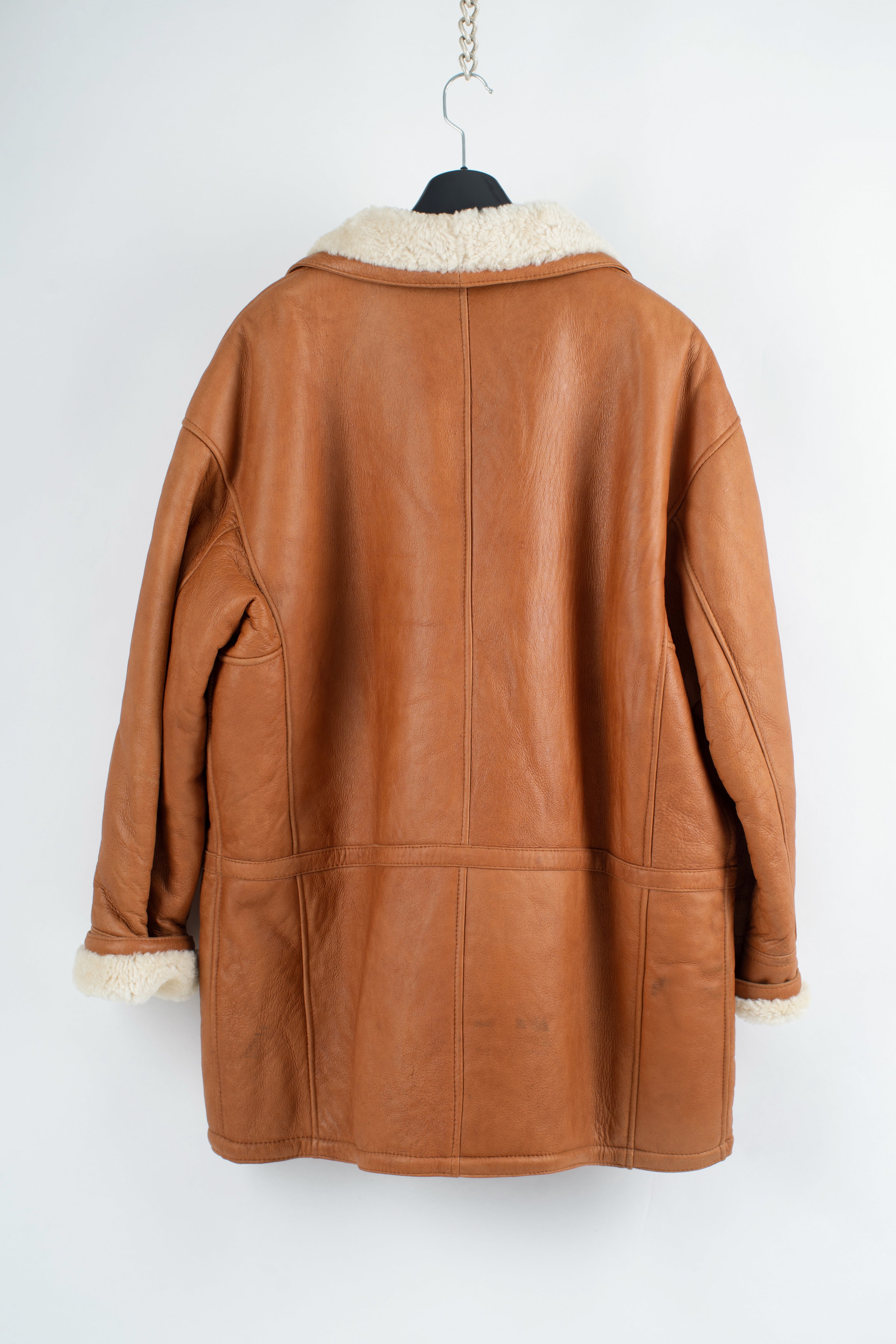 Men's Camel Brown Chunky Soft Uruguayan Lambskin Shearling Coat, XL