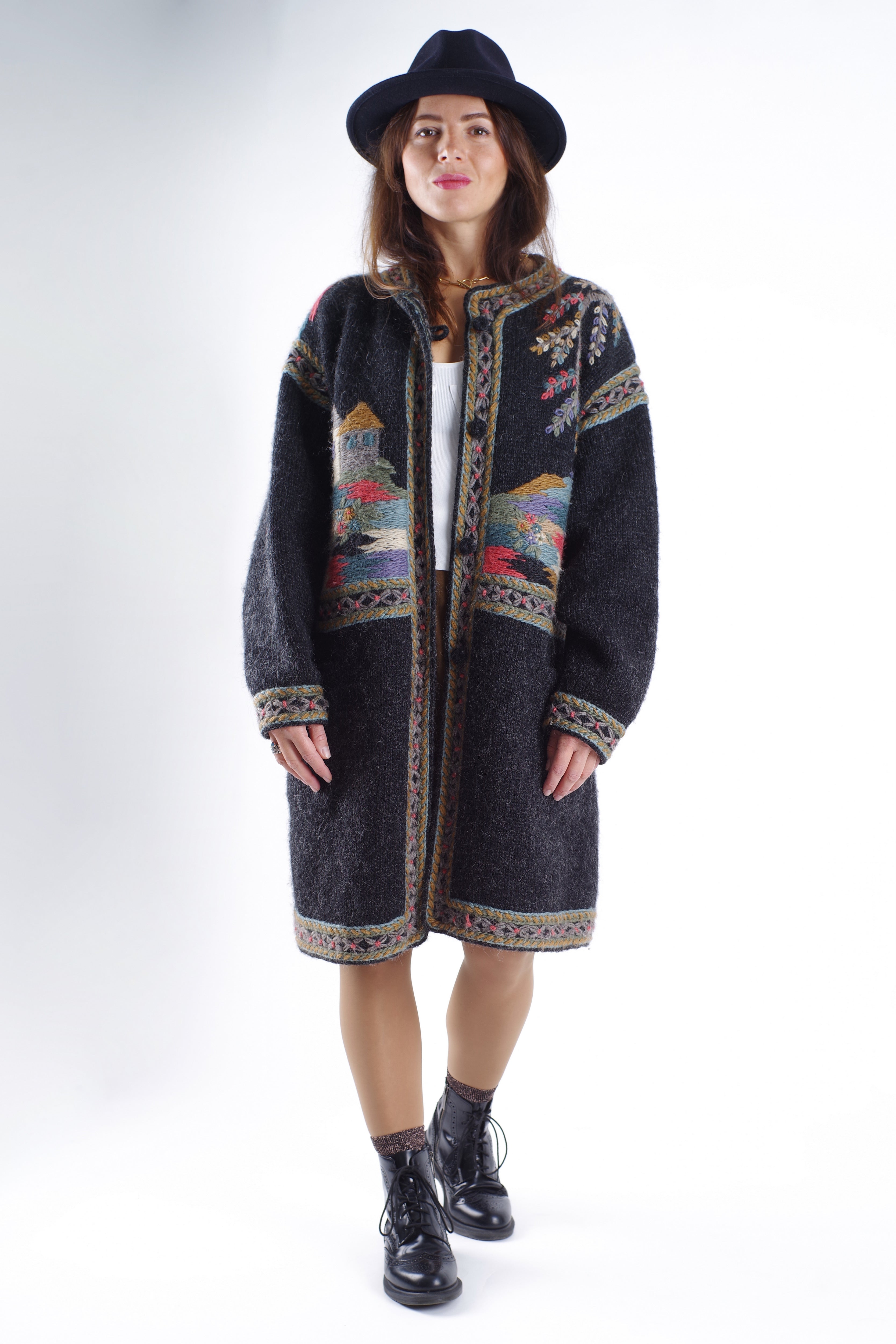 Scenic Landscape Embroidered Icelandic Wool Cardigan Coat, Size XL