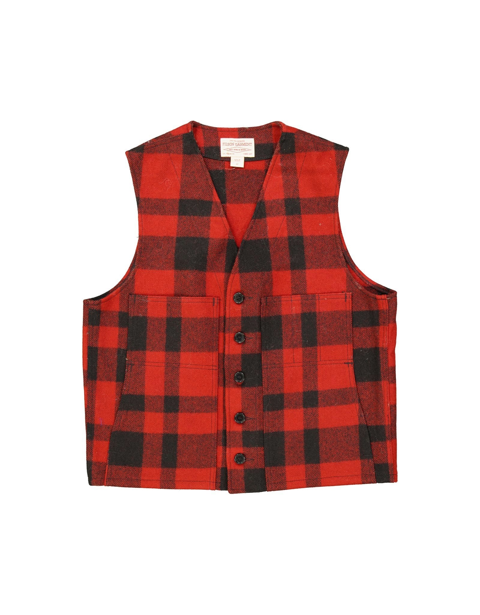 Filson 100% Virgin Wool Plaid Red Men's Vest, Size 42