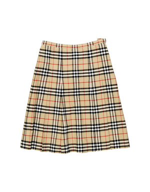 Burberry Tartan Plaid Brown Wool Pleated Midi Skirt, Size XL