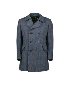 Harris Tweed Blue Herringbone Double Breasted Coat, US 40R, EU 50R.