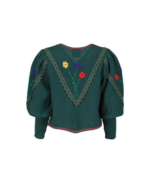 Tyrolean Puff Sleeve Flower Embroidered Green Wool Cardigan, Size M