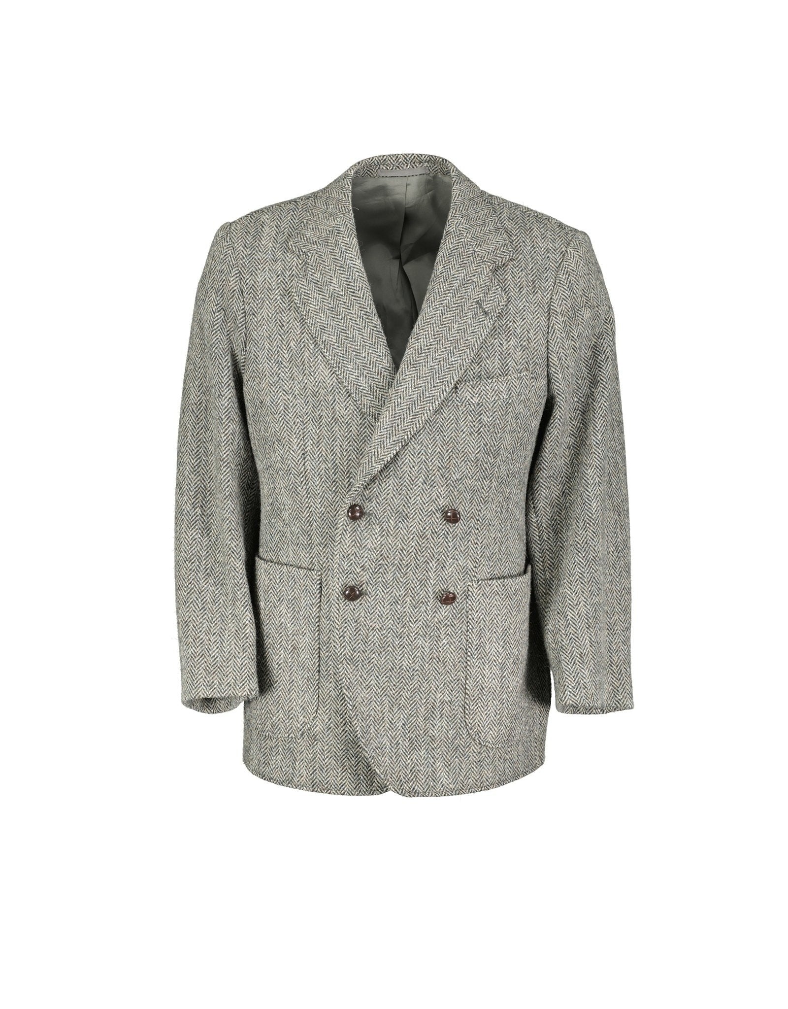 Harris Tweed Gray Herringbone Double Breasted Sport Coat, US 44S, EU 54S