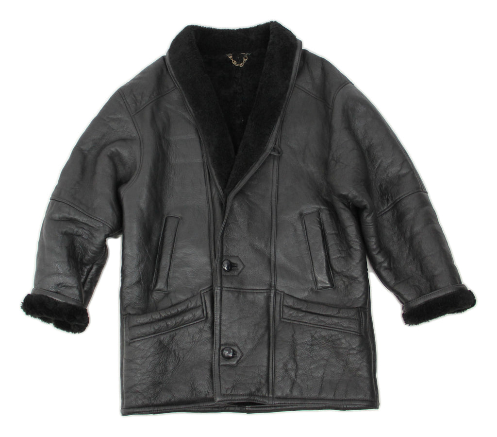 Black Leather Shawl Collar Lambskin Shearling Jacket, SIZE S