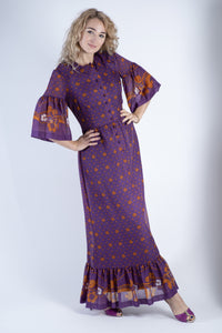 Vintage 70's Boho Chic Purple Floral Dress, Size M