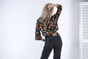 Floral Silk Puff Sleeve Crop Jacket With Pearl Shell Buttons