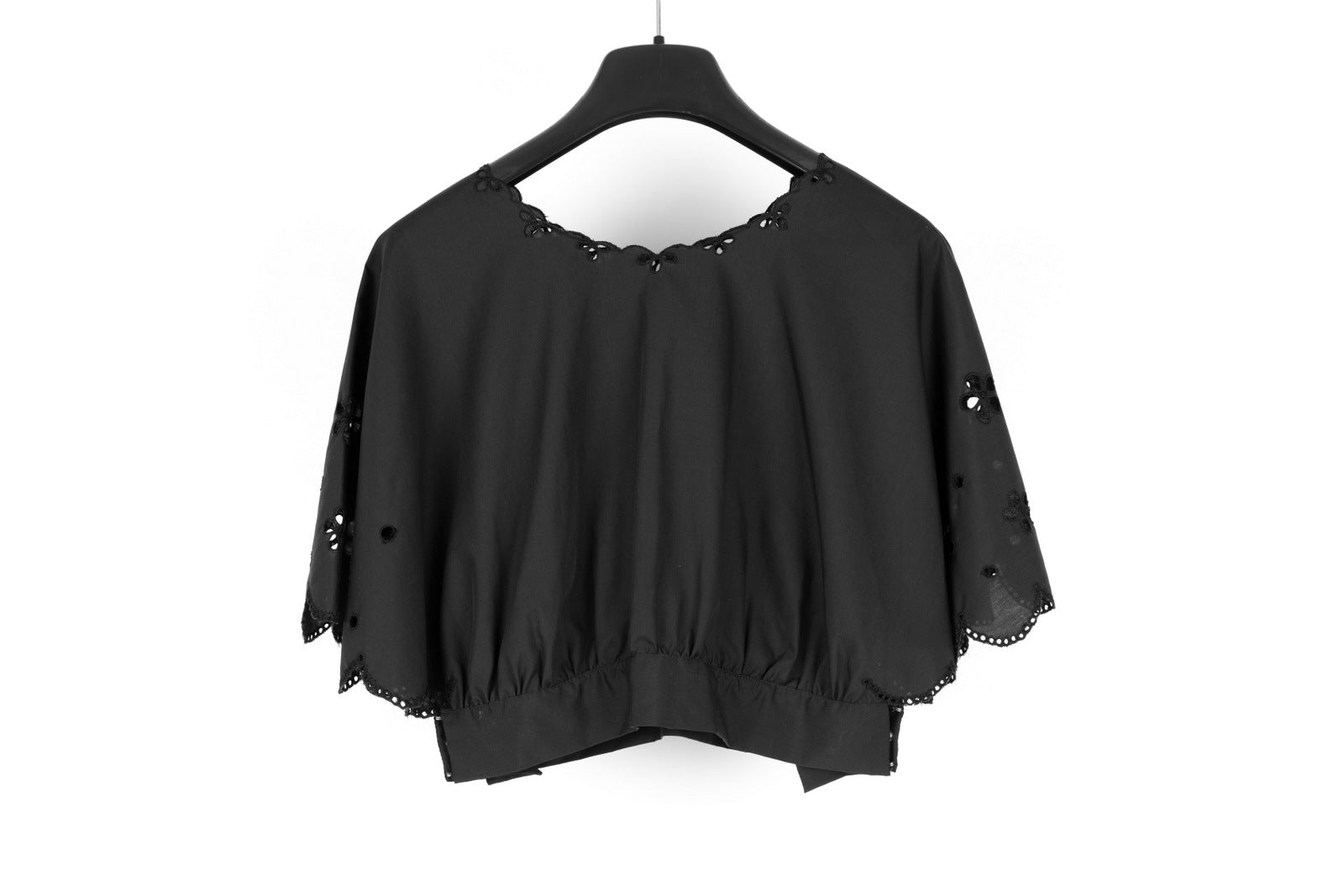 Vintage Butterfly Sleeve Black Cotton Blend Broderie Cropped Top, L
