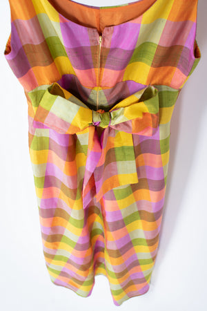 Vintage Back Bow Plaid Silk Maxi Dress, Size XS