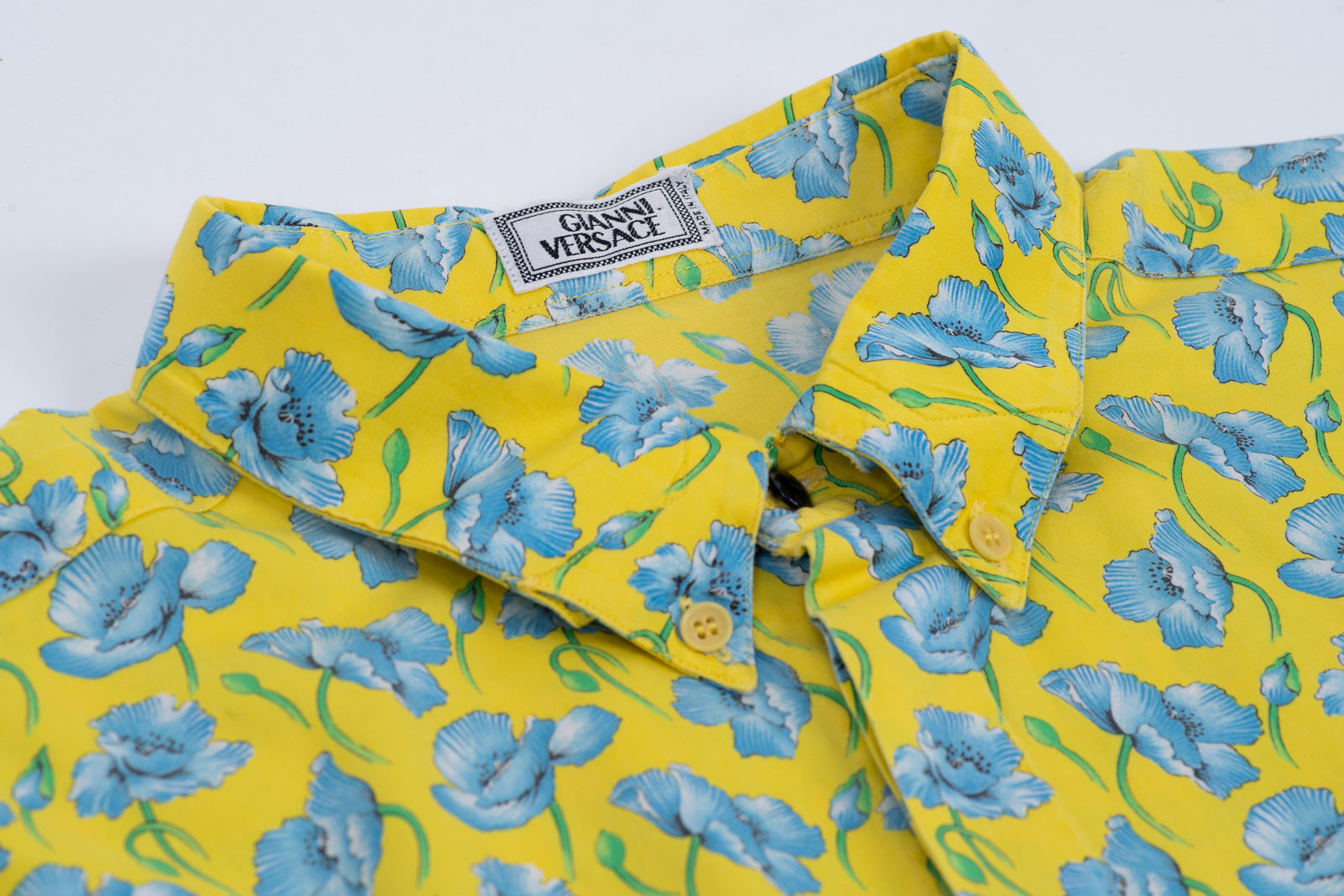 Gianni Versace Vintage Blue Poppy Flower Print Yellow Shirt, XXL