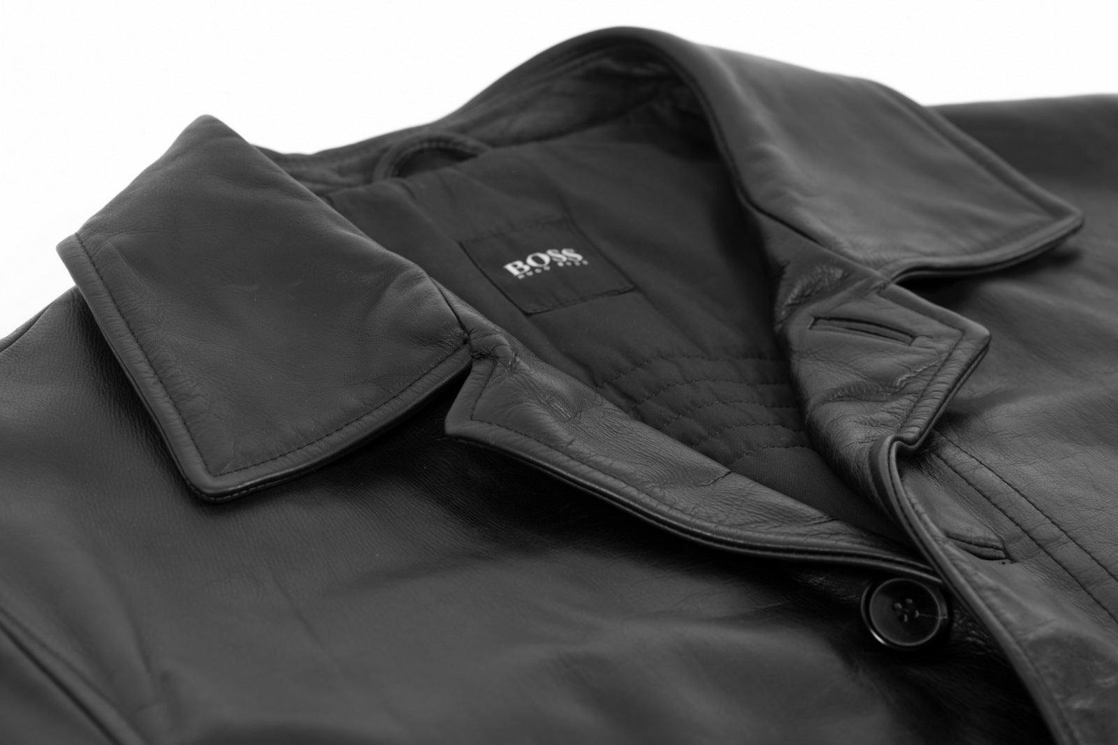 Boss Hugo Black Cowhide Leather Insulated Jacket, US 42R, Eu 52