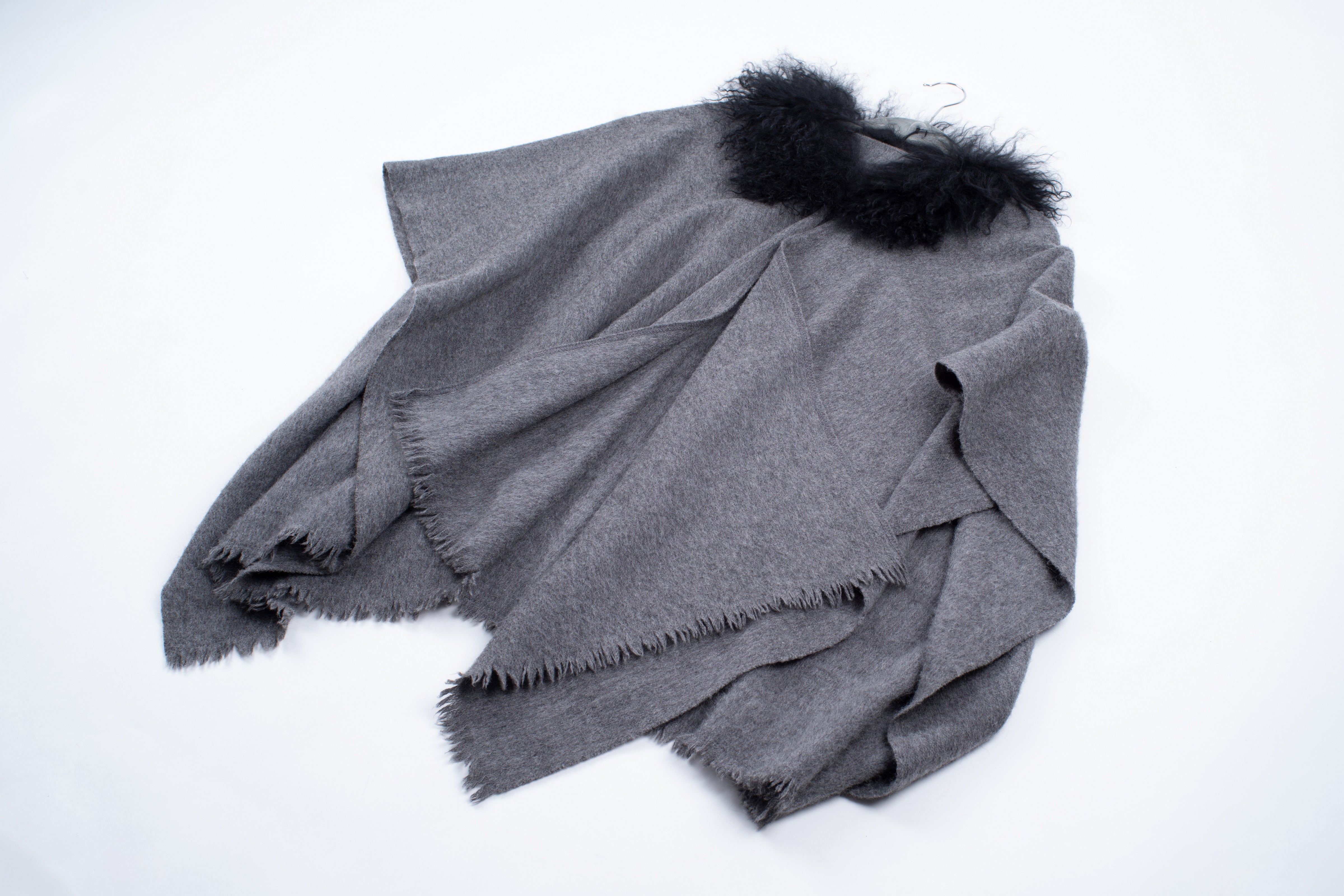 Cashmere Blend Gray Cape With Curly Sheep Fur Collar