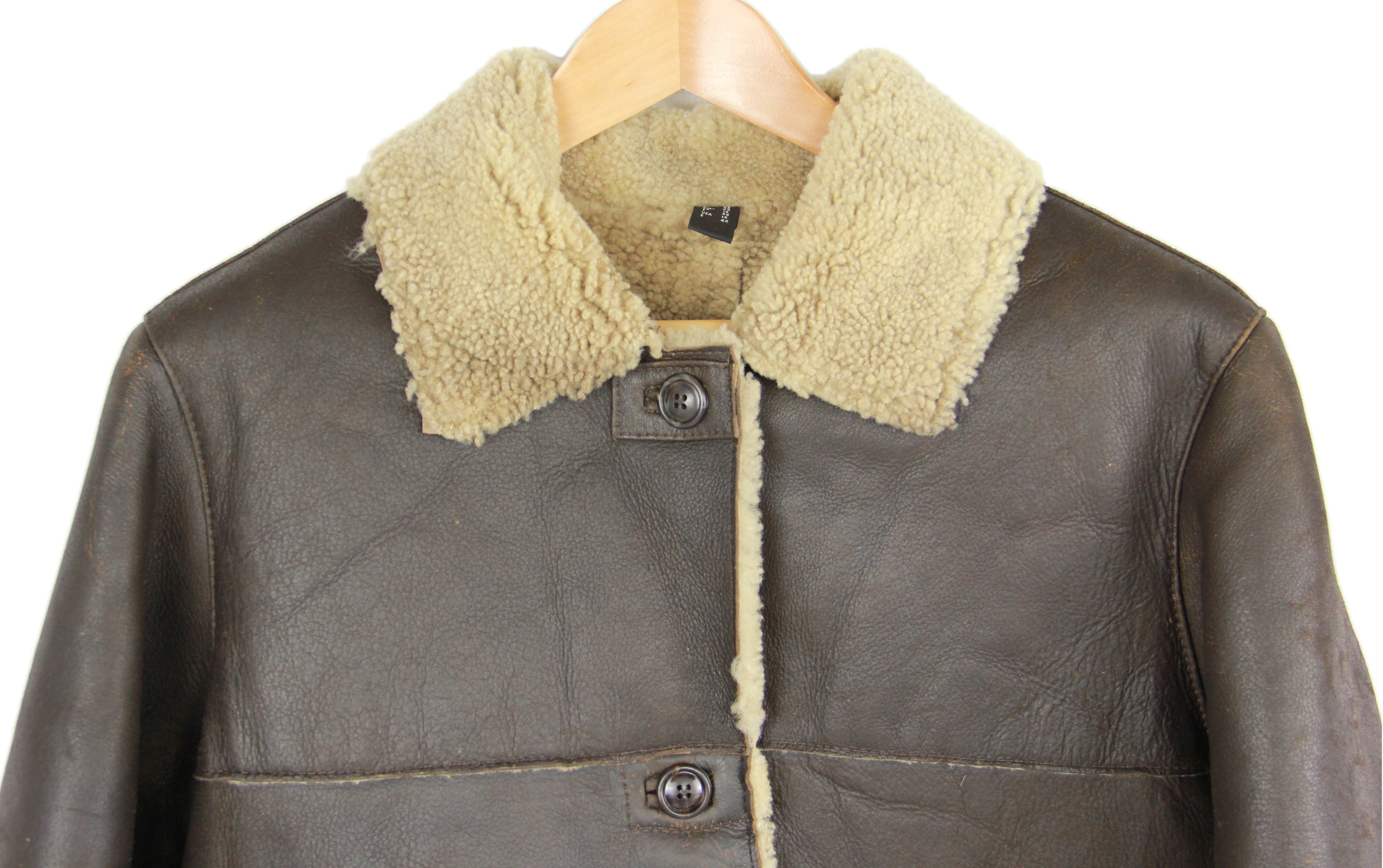 Women's Brown Lambskin Leather Shearling Coat With Raw Edges, SIZE L