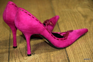 PURA LOPEZ Pointy Stiletto Heel Pumps In Fuchsia Suede EUR 38, UK 4.5, US 7 - secondfirst