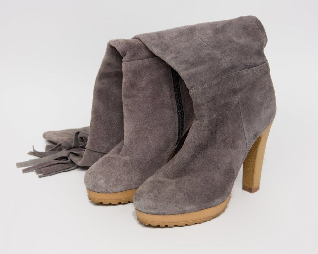 BELLE Top Collezione Italian Gray Suede Leather Fringe Heel Boots, EUR35/UK3/US5 - secondfirst