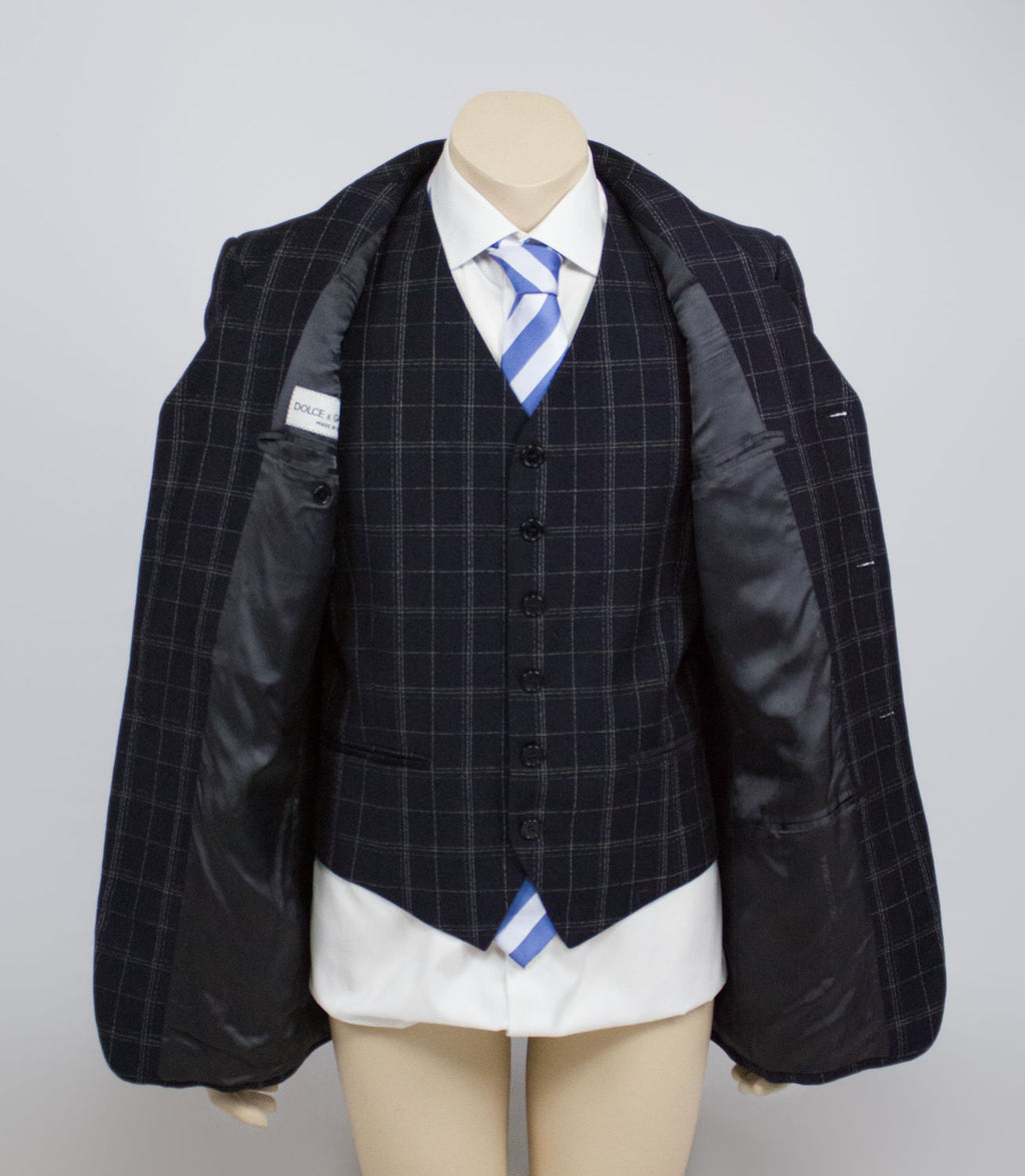 DOLCE & GABBANA Navy Blue Window Pane Suit (Vest+Jacket) USA 38R - secondfirst