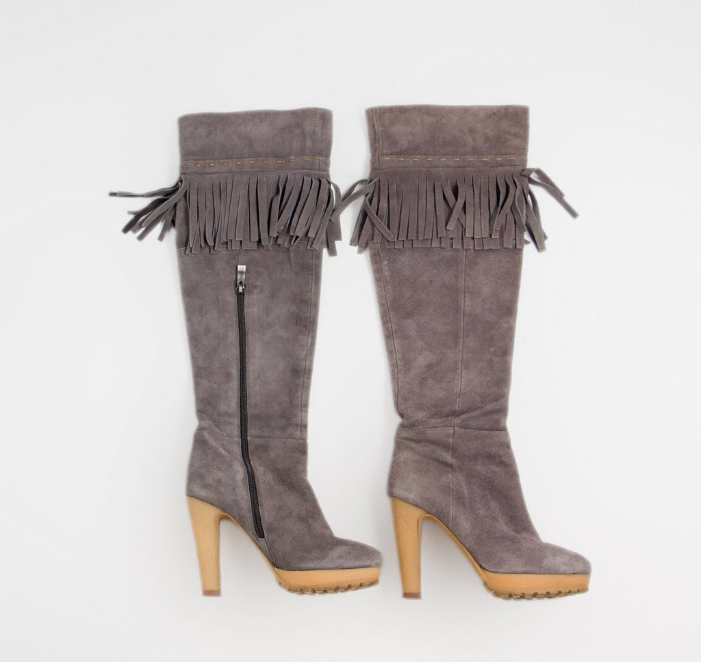BELLE Top Collezione Italian Gray Suede Leather Fringe Heel Boots, EUR35/UK3/US5 - secondfirst