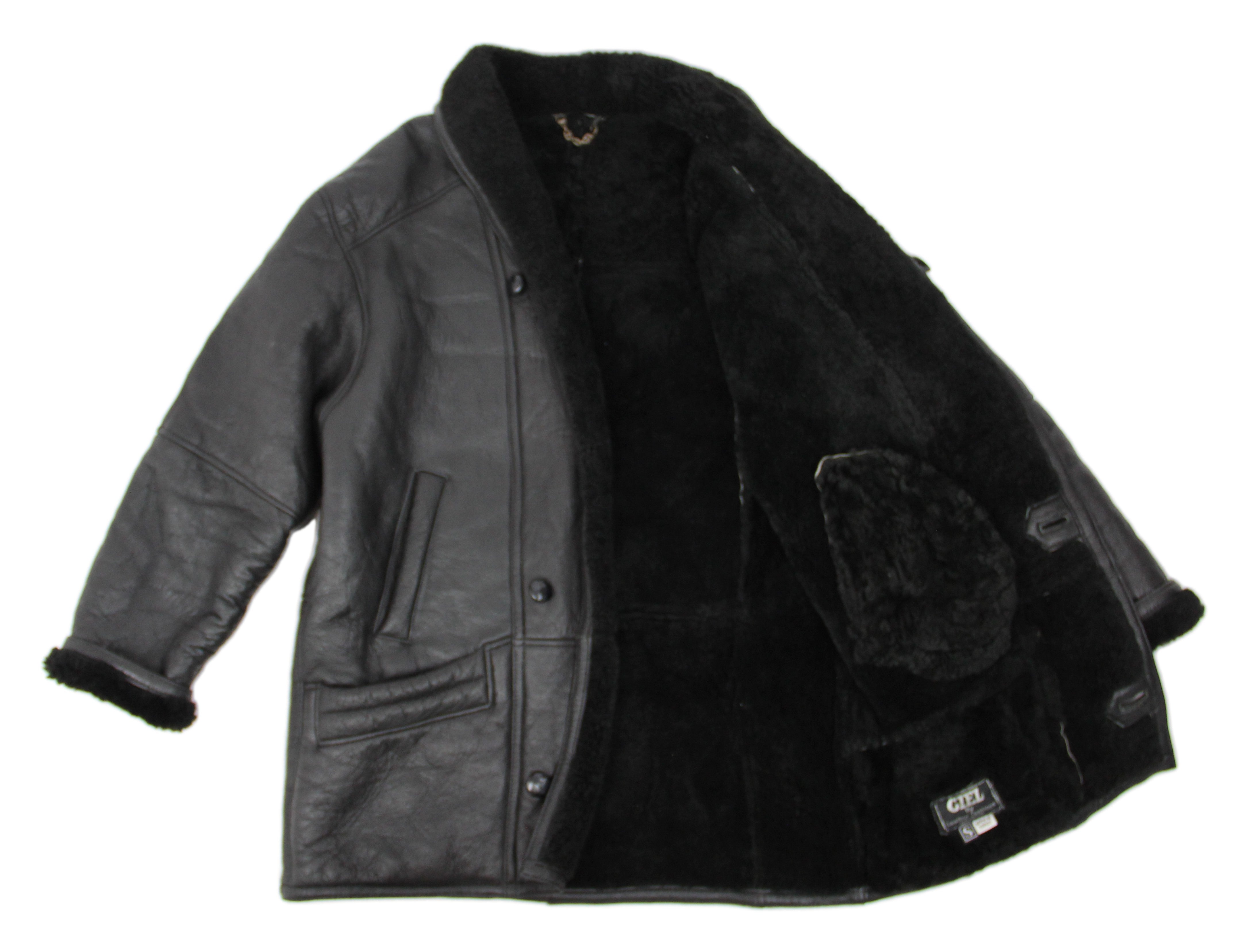 Black Leather Shawl Collar Lambskin Shearling Jacket, SIZE S