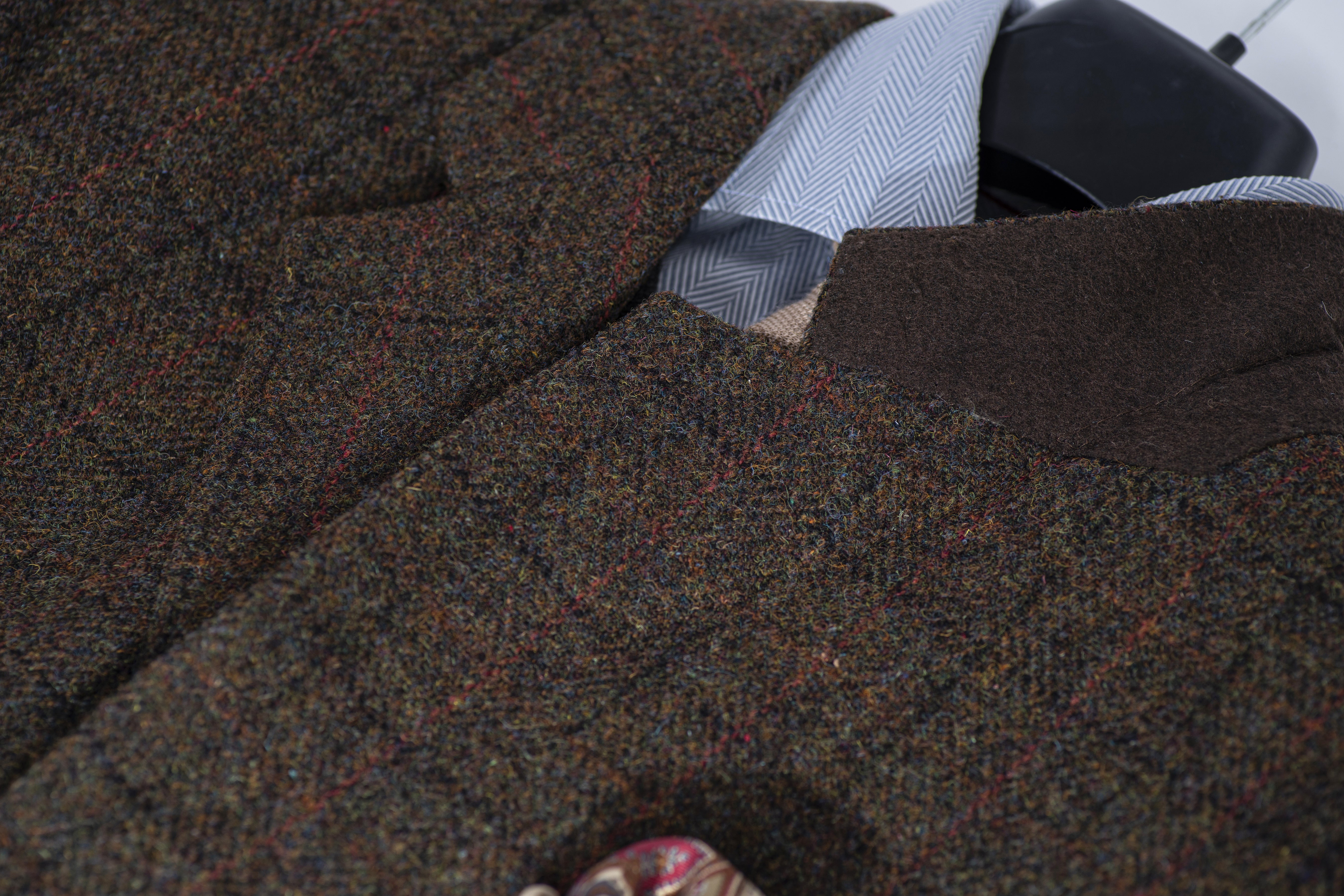 Harris Tweed Wool Windowpane Khaki Green 3 Button Blazer, US 42R, EU 52