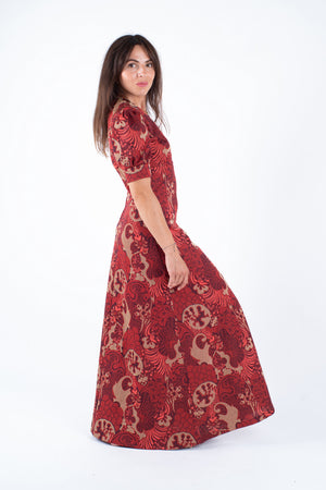 Vintage 70's Burgundy Red Floral Puff Sleeve Maxi Dress, Size XS