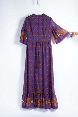 Vintage 70's Boho Chic Purple Floral Dress, Size M
