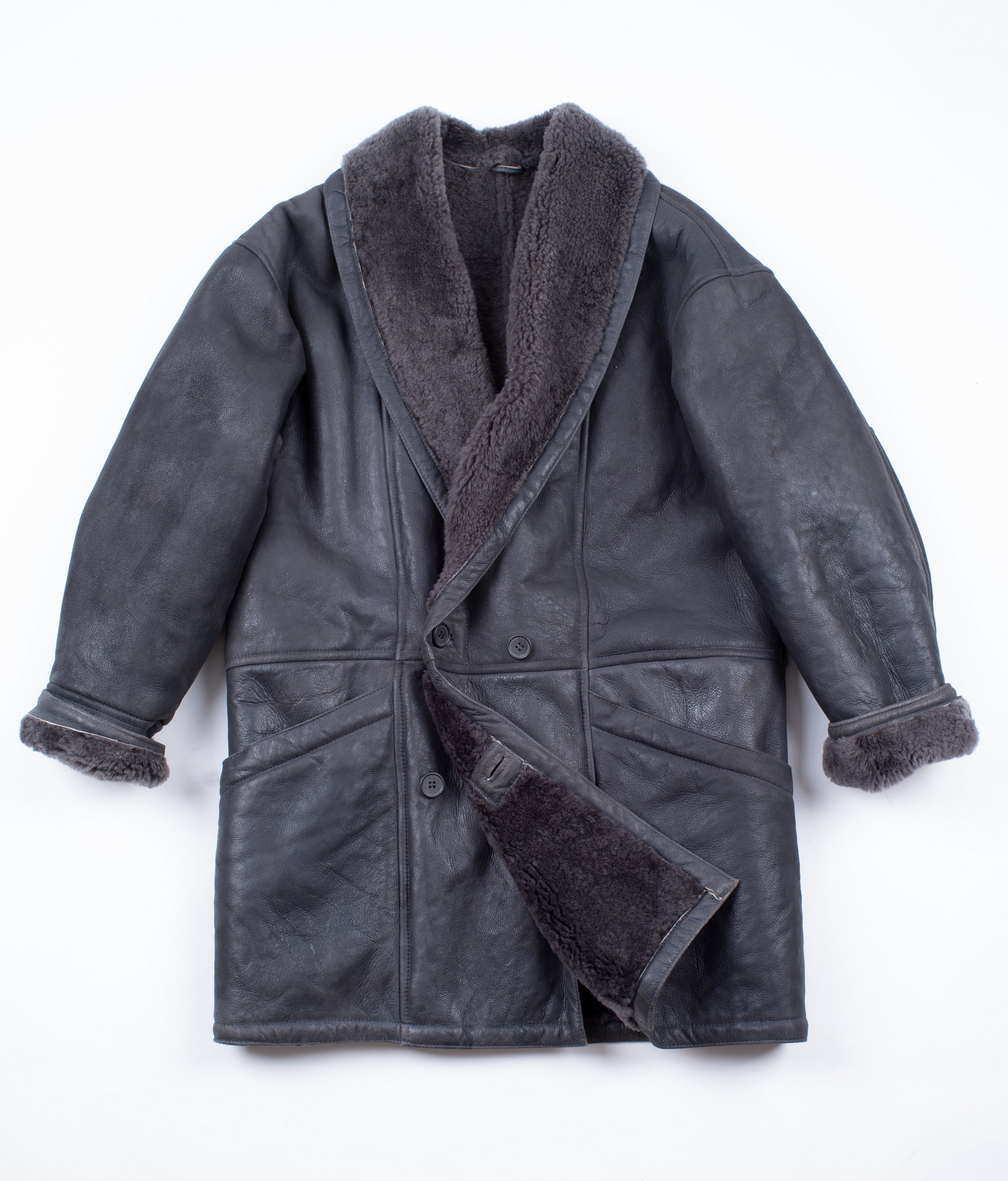 Gray Shawl Collar Shearling Leather Coat, SIZE US 40