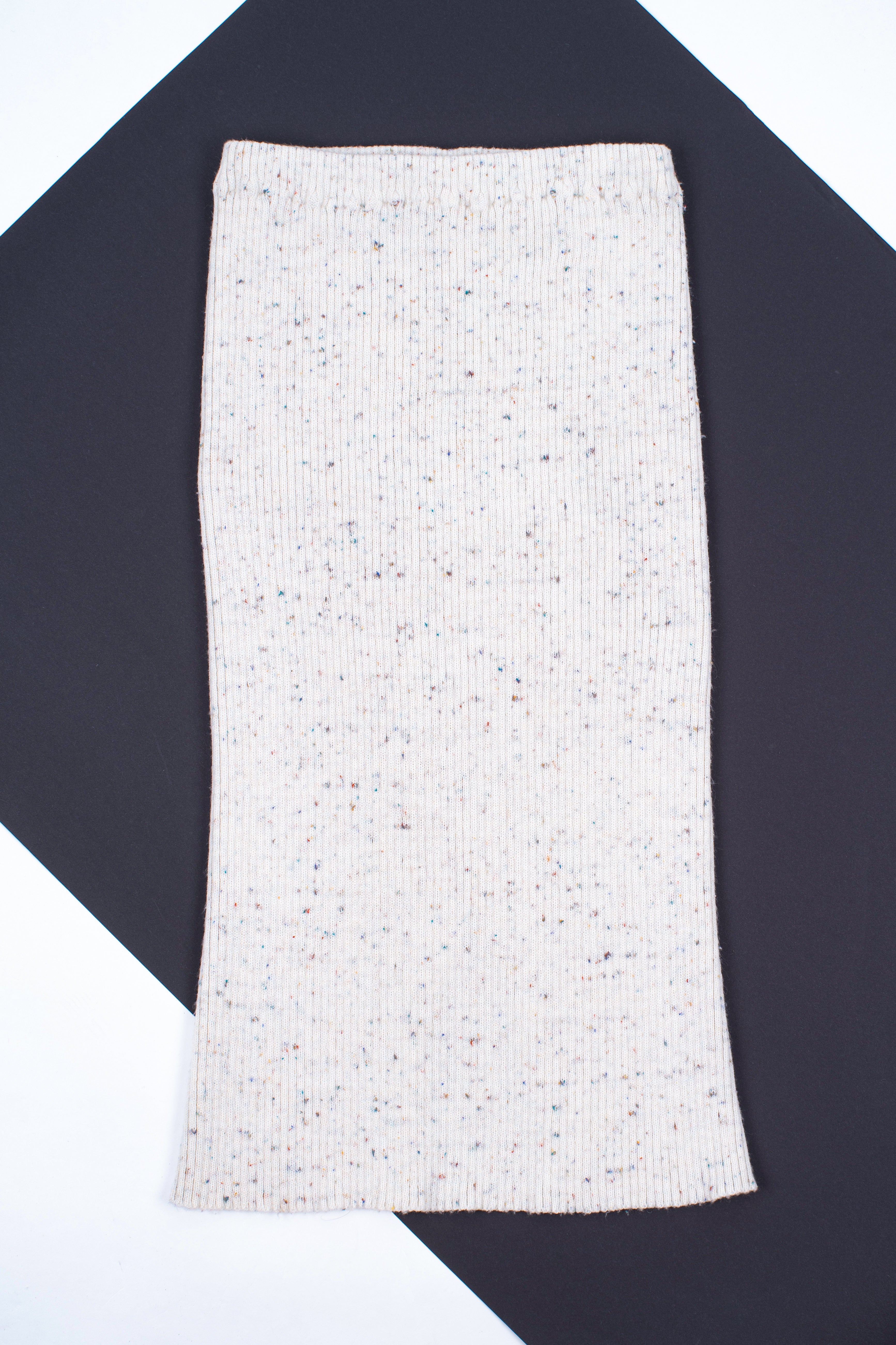 Wool Blend Rib Knit Midi Skirt in Oat White With Back Slit, S