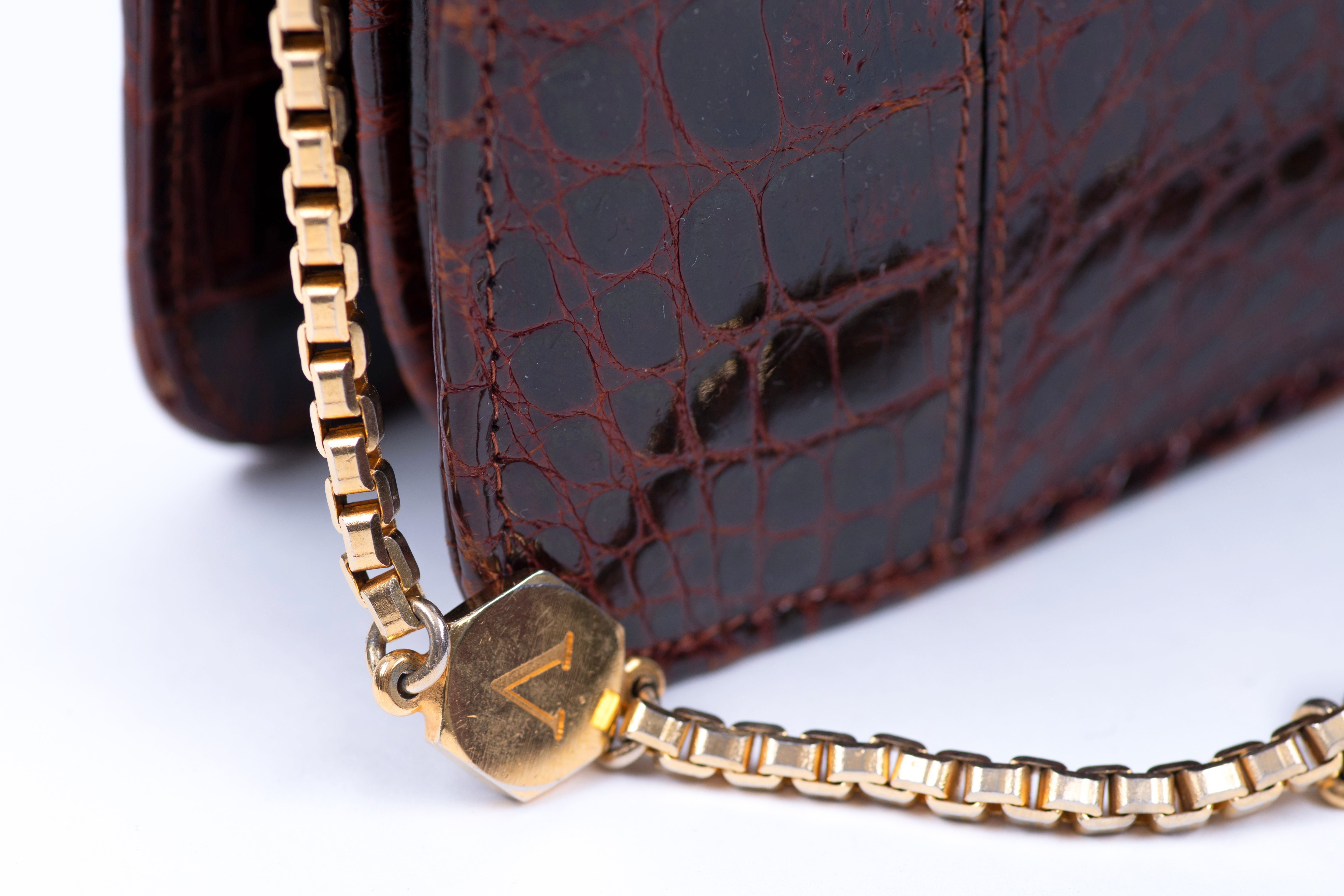 Vintage Mahogany Large Clutch with Gold Tone Shoulder Chain