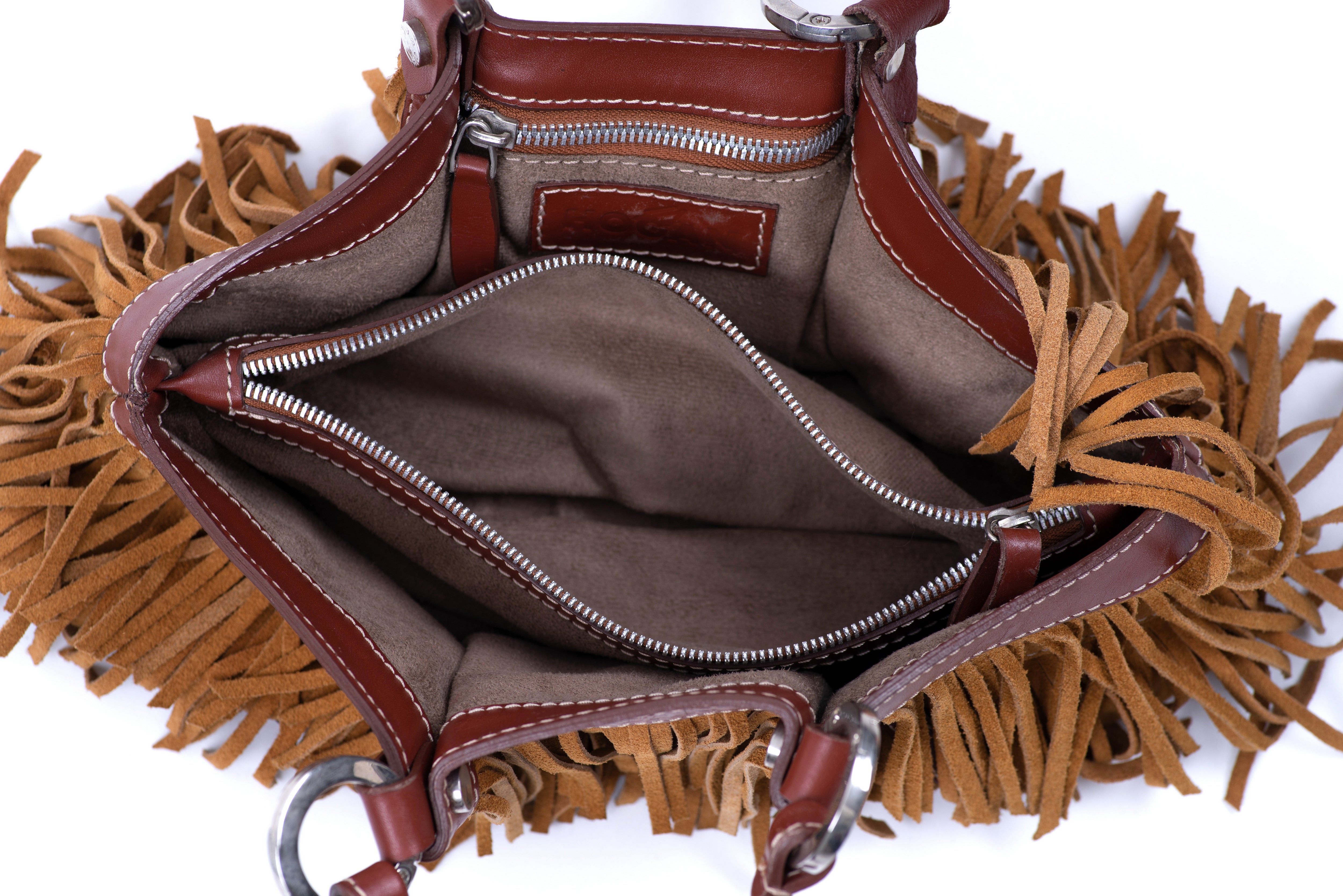 Hogan Camel Brown Suede Fringe Small Handbag