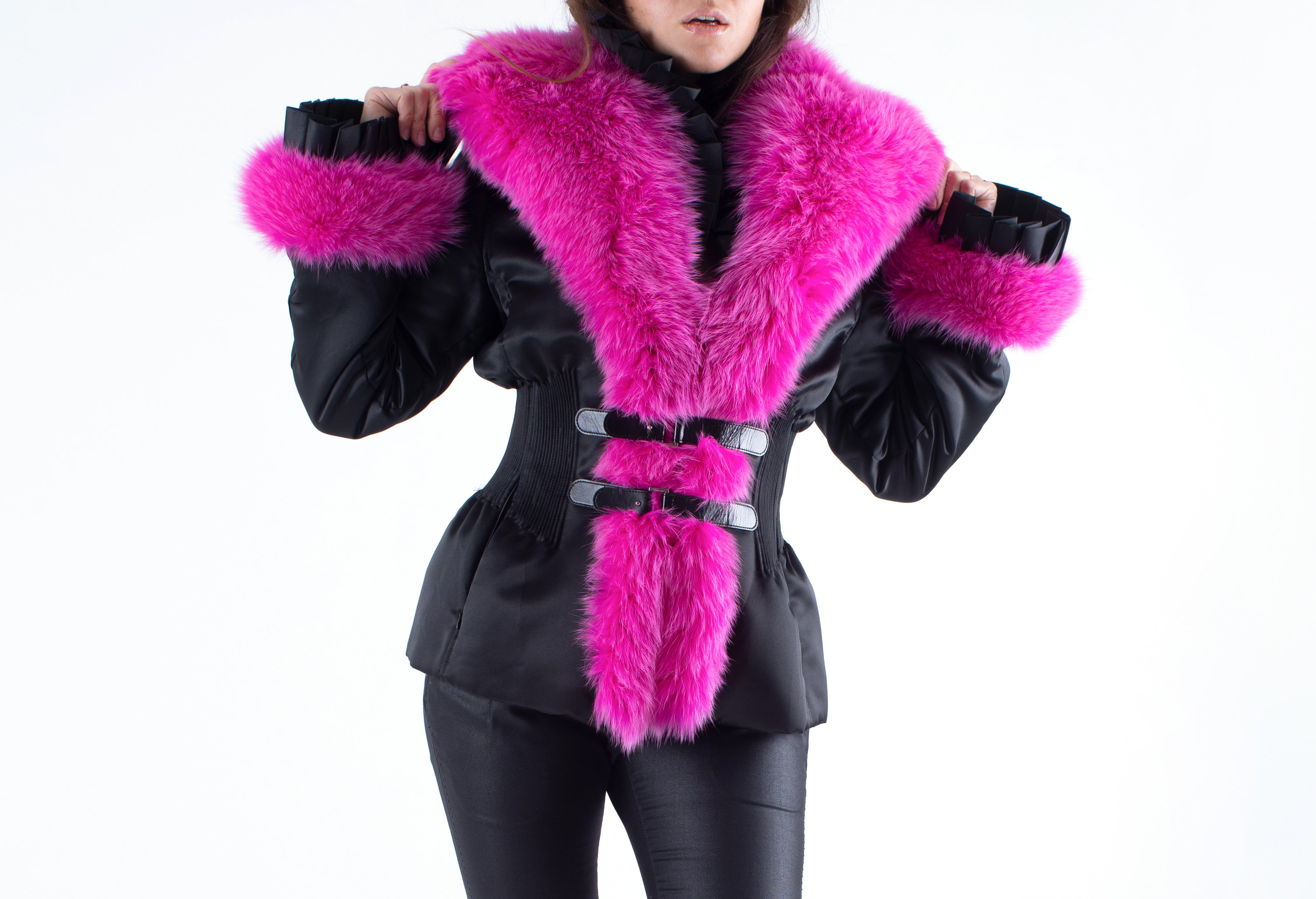 Escada Women's Hourglass Satin Jacket With Fur Collar, Size S