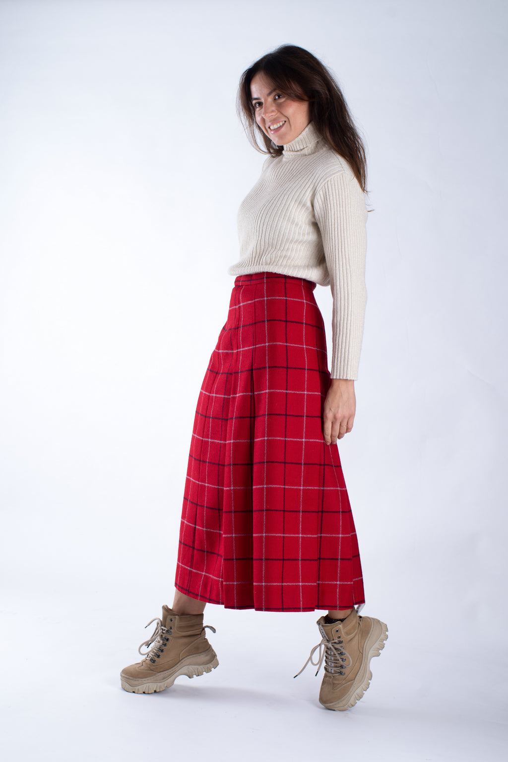 Burberry Vintage Wool Red Plaid Pleated Midi Skirt, Size S