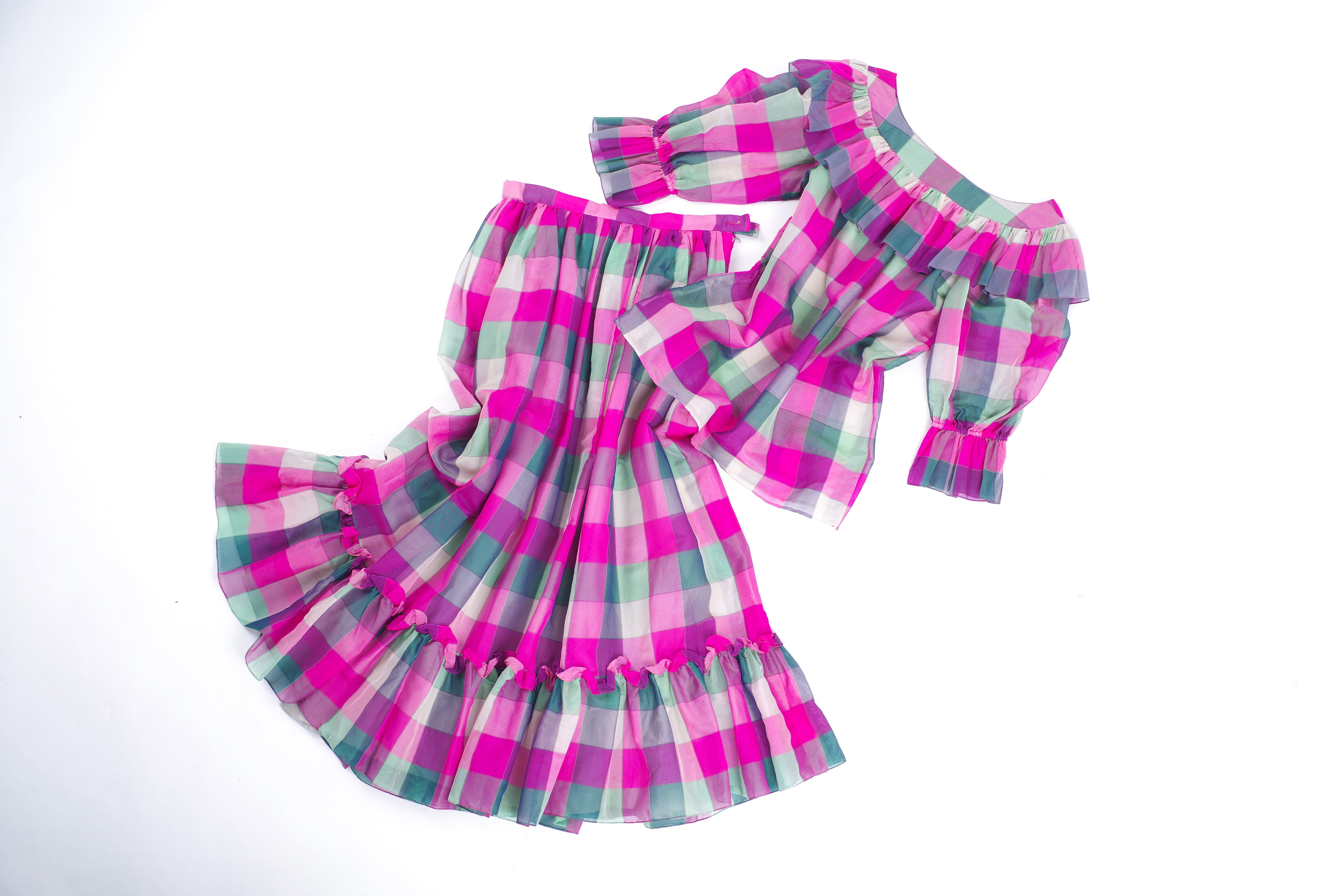 Jager & Koch Vintage Plaid Silk Skirt and Blouse Set, Size L
