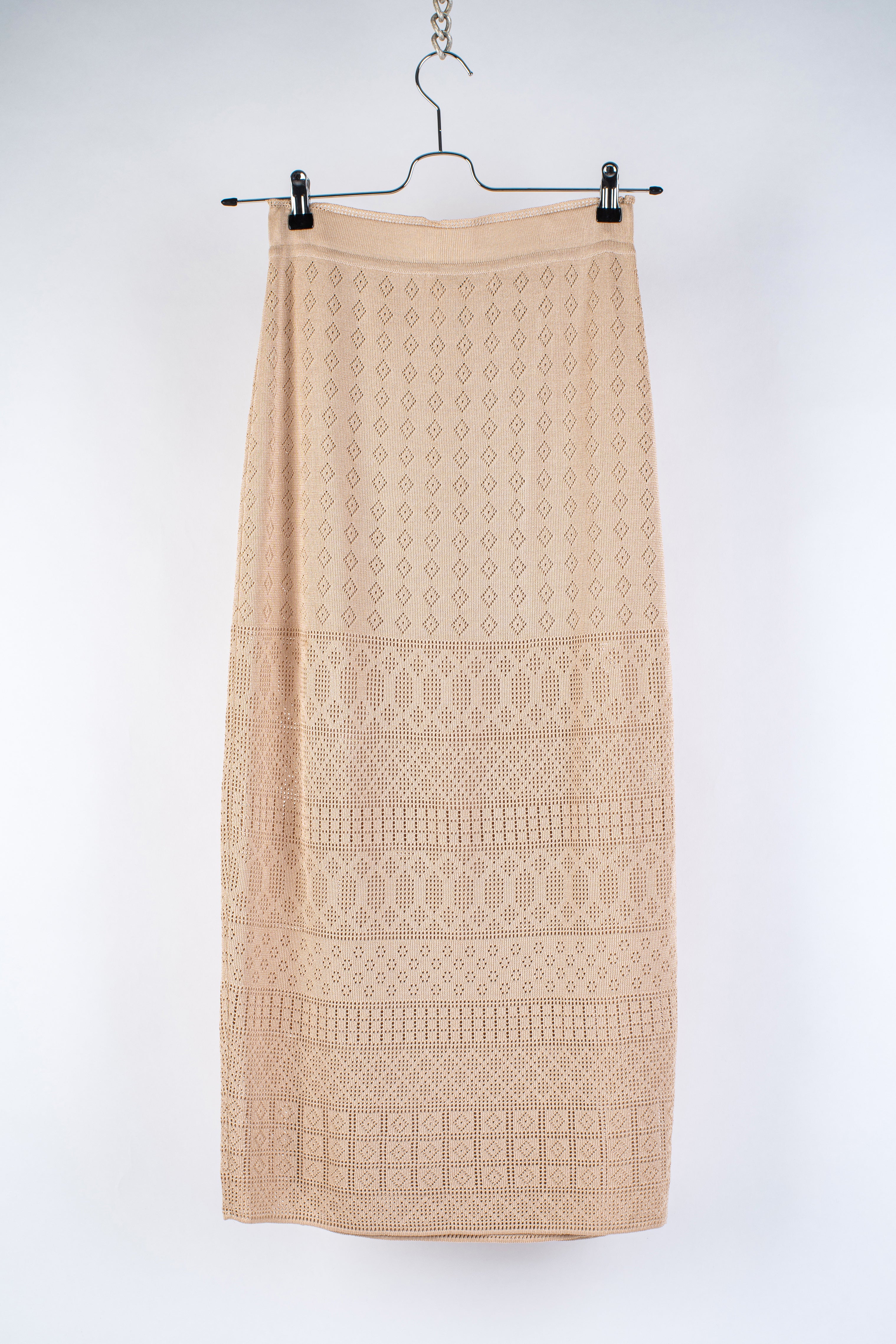 Escada Vintage Beige Crochet Knit Silk Blend Wrap Skirt, S