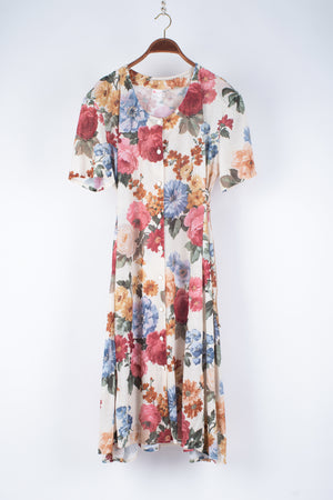 Vintage Floral Cotton Blend Button Front Midi Dress, Size L