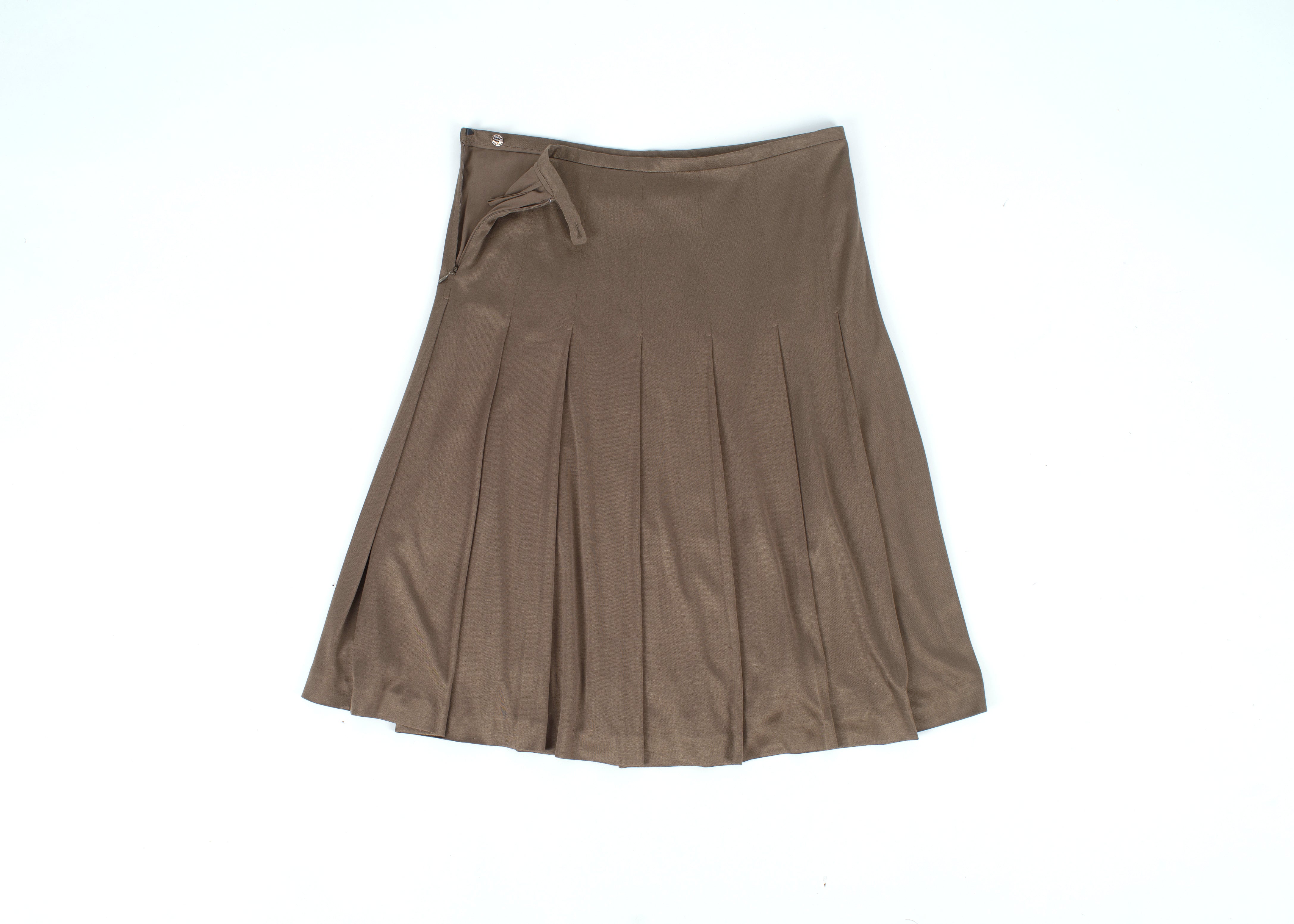 Hermes Paris Brown Silk Pleated Skirt, SIZE S
