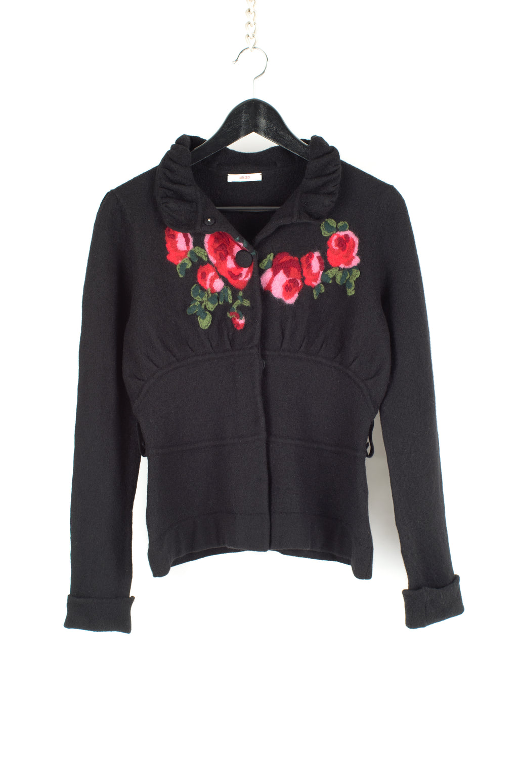 Kenzo Women's Black Boiled Wool Cardigan With Roses, XS