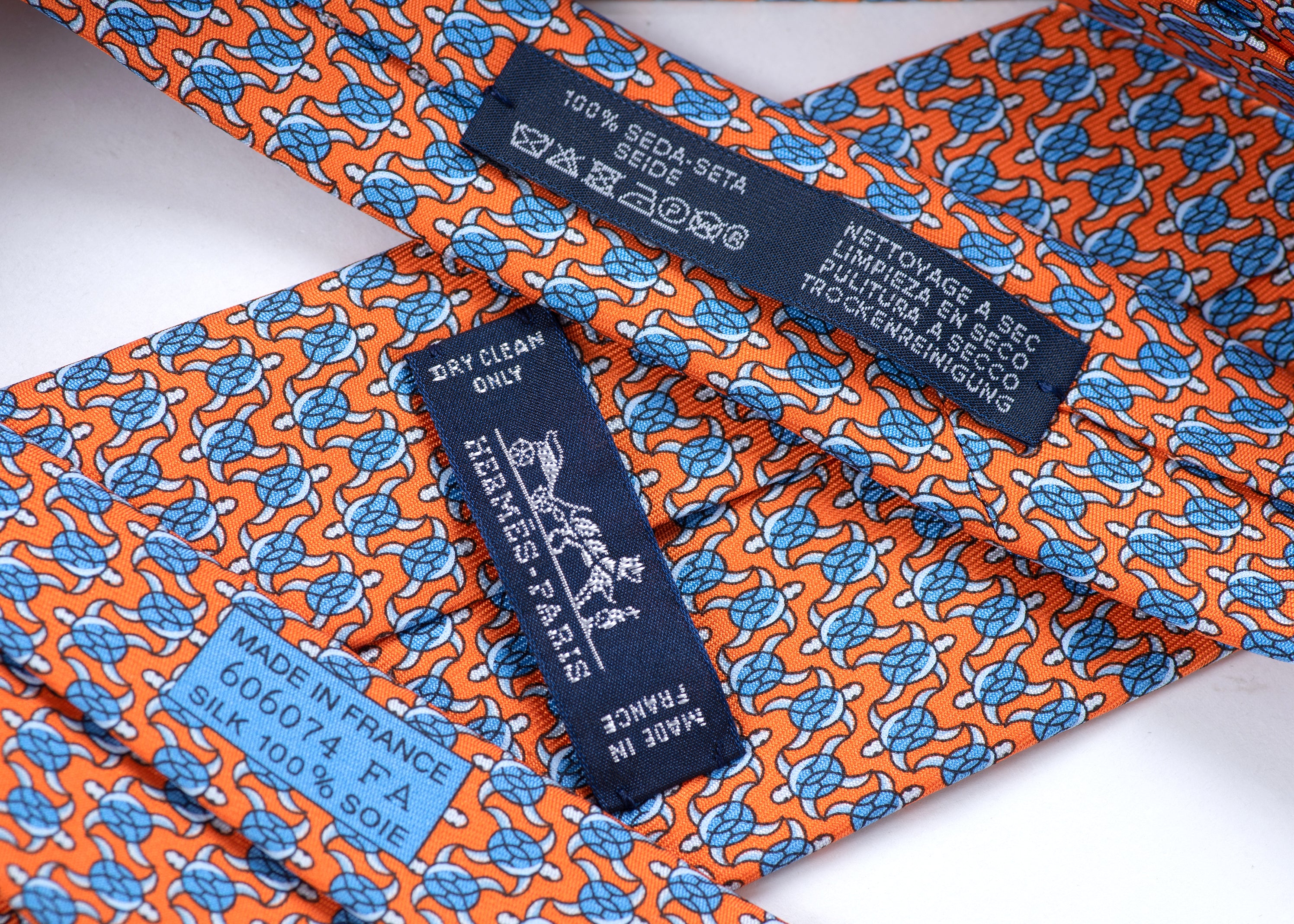 Hermes Turtle Pattern Orange and Blue Silk Necktie