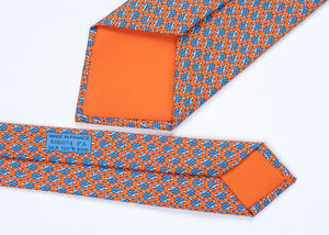 Hermes Turtle Pattern Orange and Blue Silk Necktie