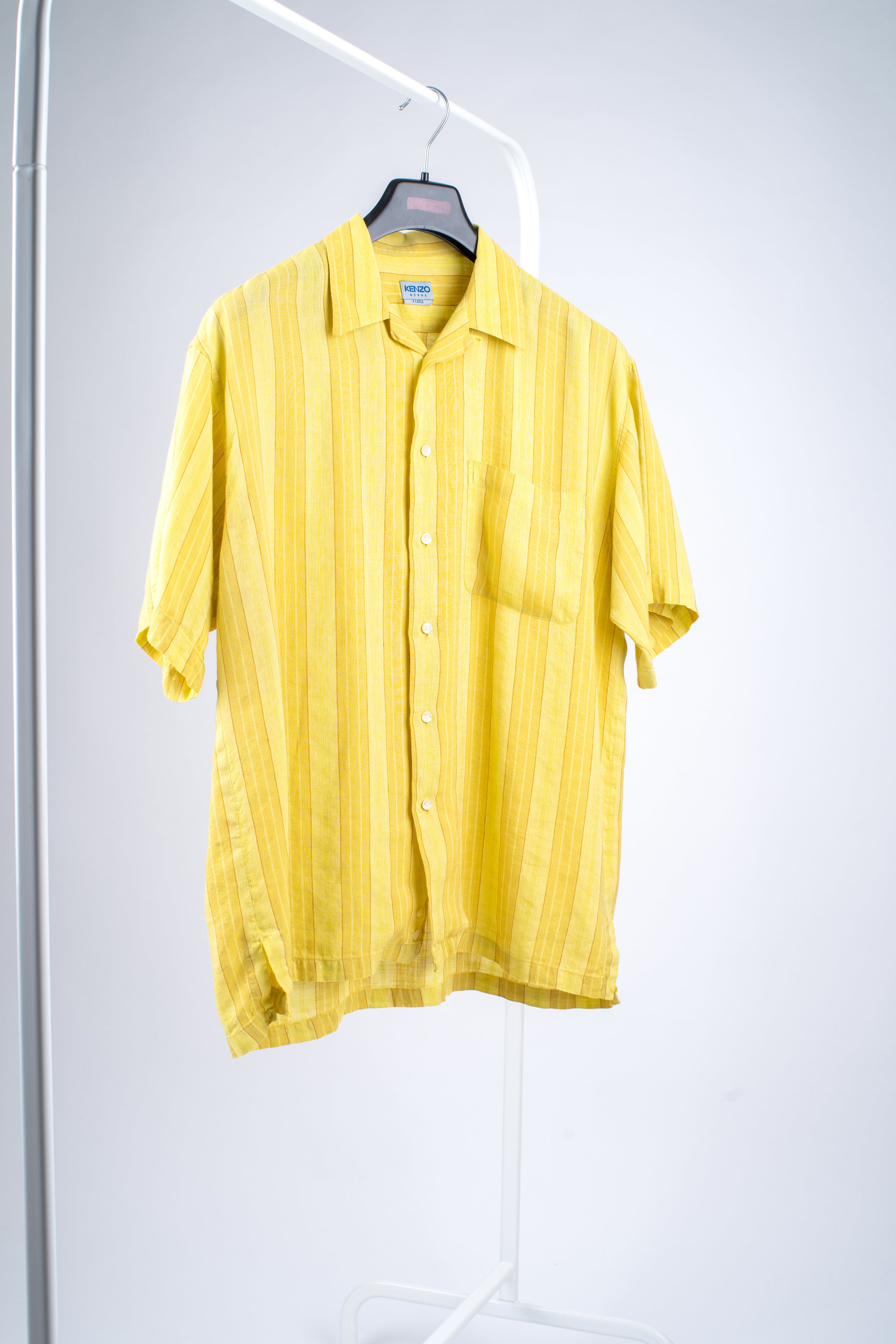 Kenzo Homme Men's Linen Yellow Cuban Collar Shirt, XL