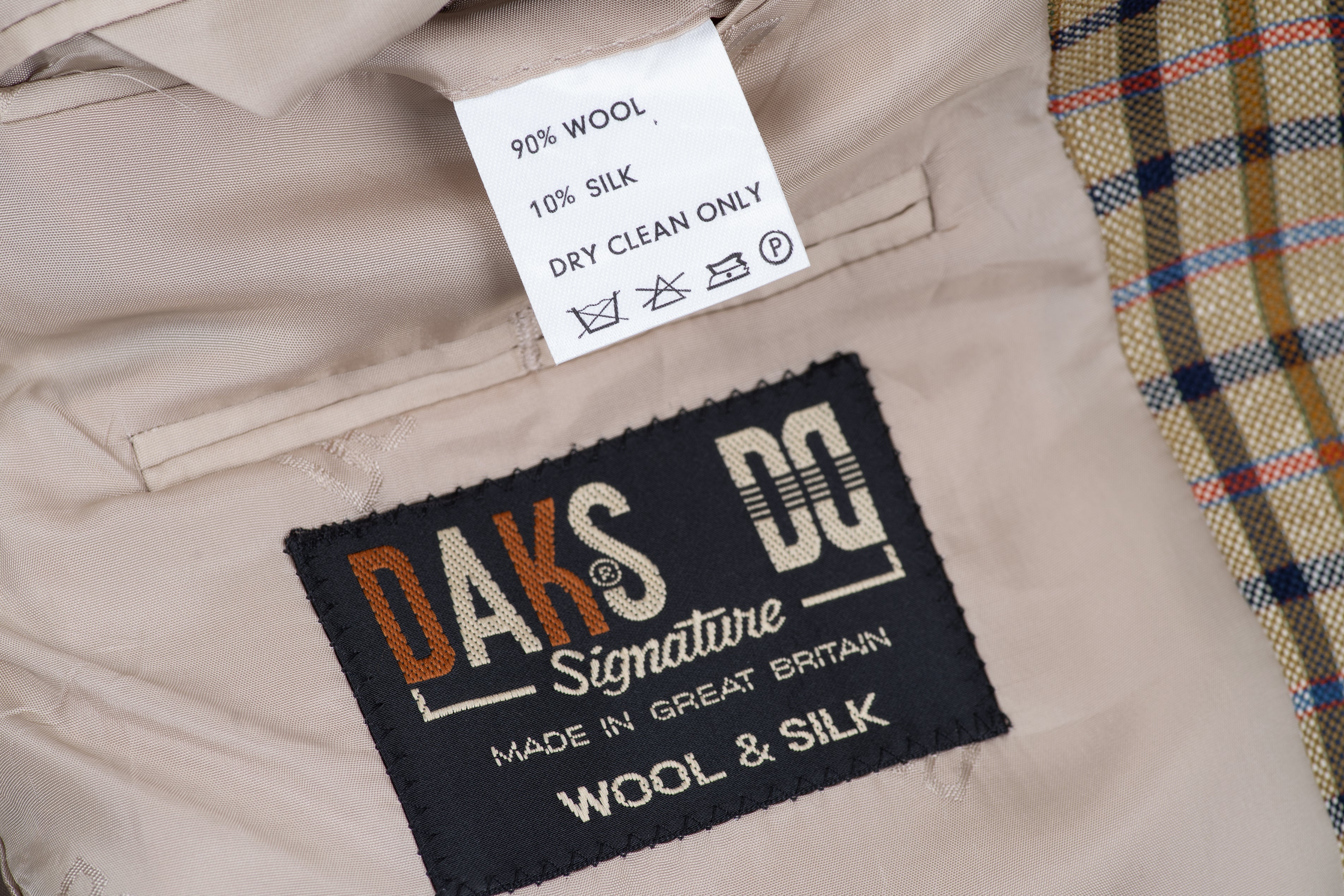 DAKS Signature Check Khaki Green Silk Wool Blazer, US 44, EU 54