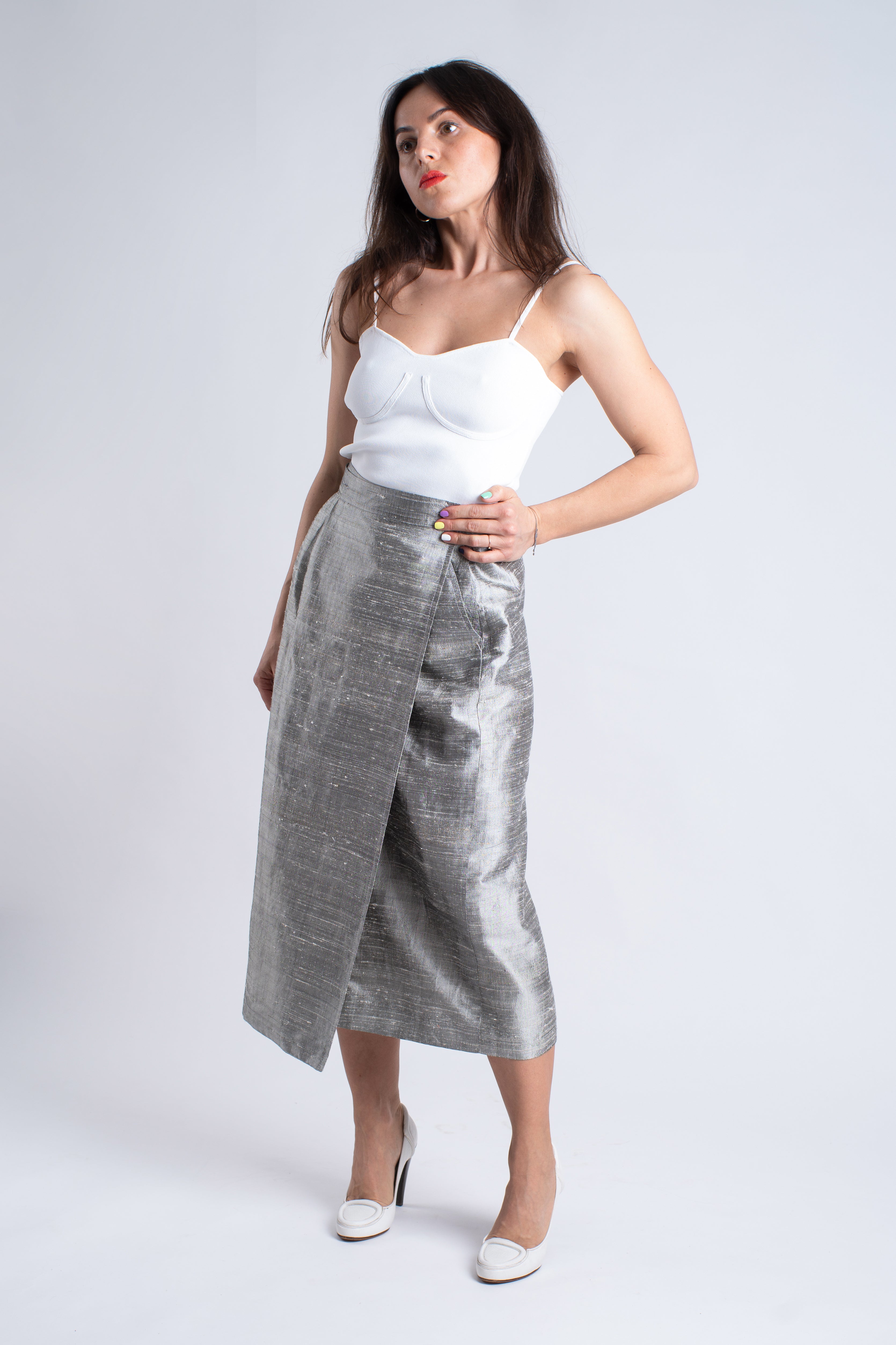 Vintage Pure Silk Metallic Silver Wrap Midi Skirt, Size M