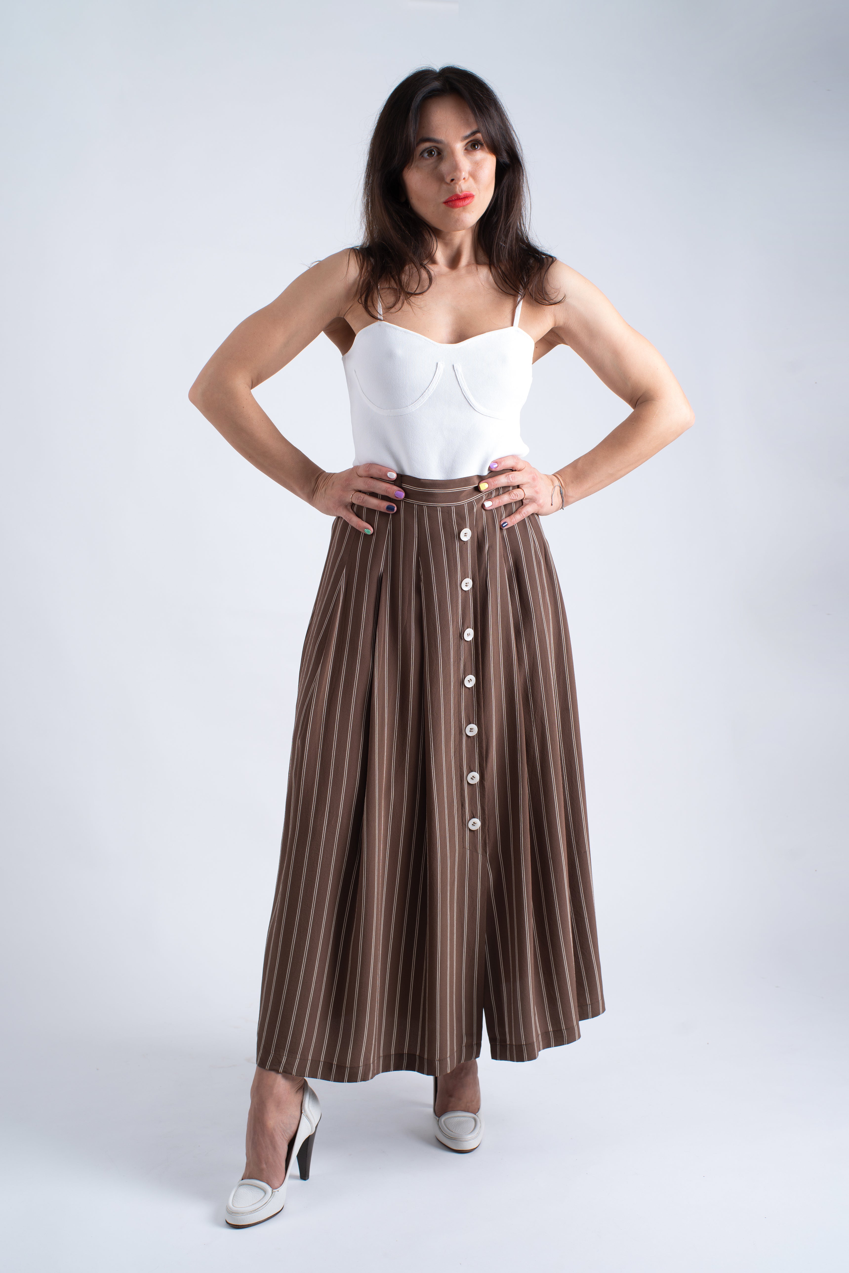 Vintage 100% Silk Brown Striped Front Button Skirt, Size L