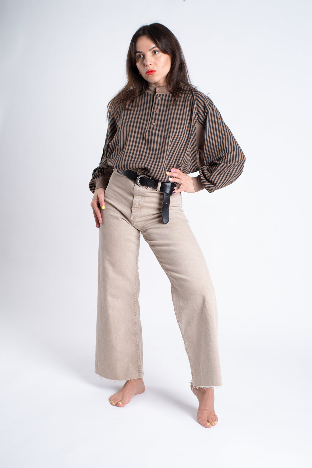 Vintage Marimekko Striped Khaki Brown Oversized Jumper, Women's M