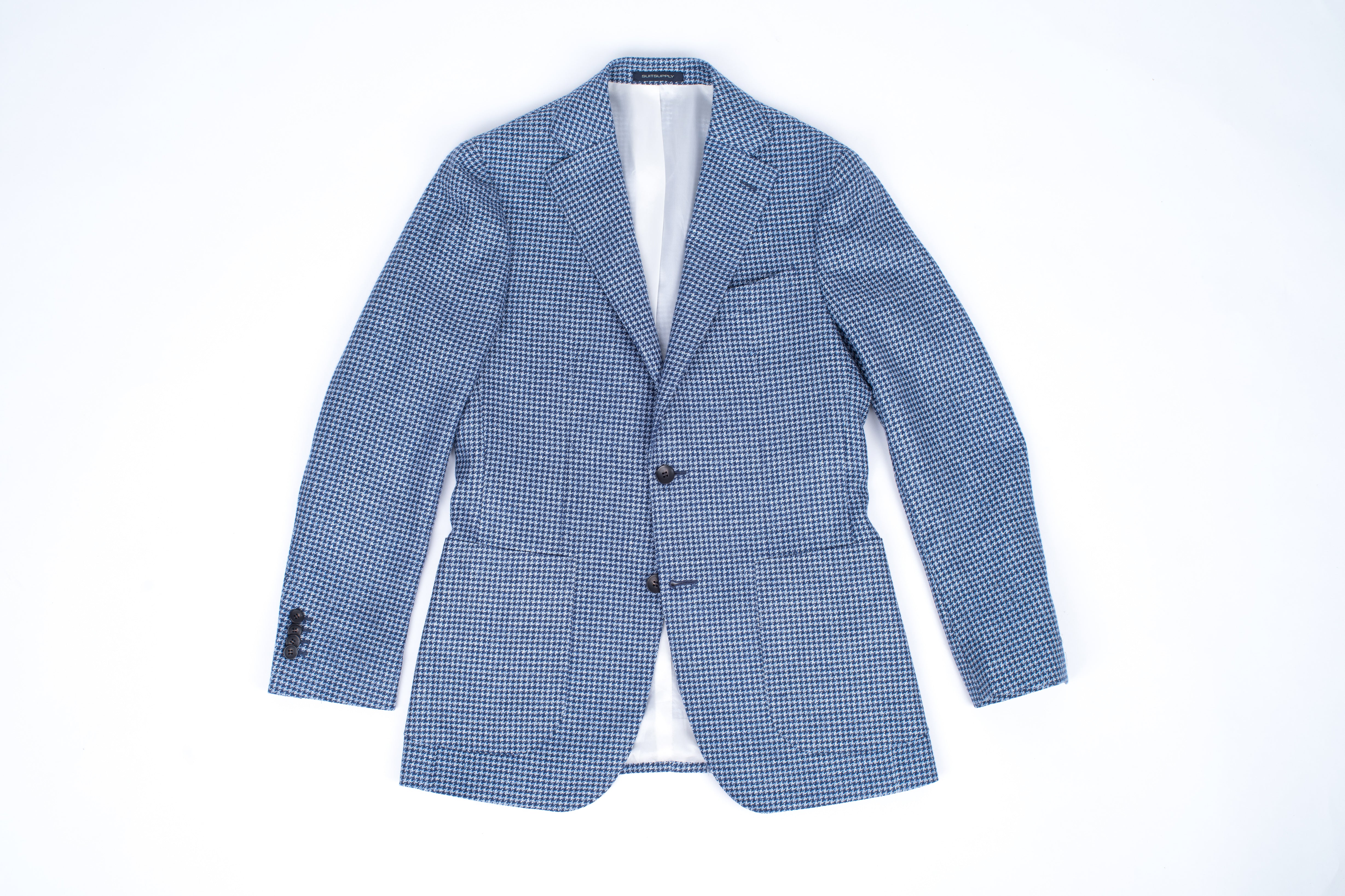 Suitsupply Blue Silk Linen Houndstooth Blazer Sport Coat, US 36R, EU 46