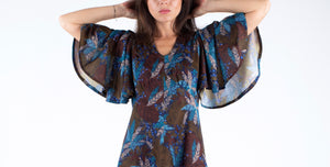 Vintage 70's Leaf Pattern Flutter Sleeve Maxi Dress, Size XS