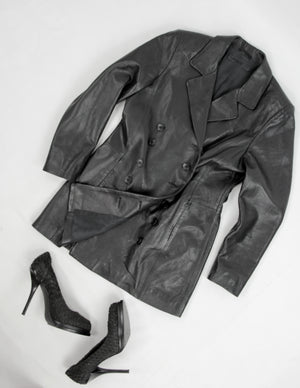 Butter Soft Leather Double Breasted Black Tailored Blazer / Dress, M